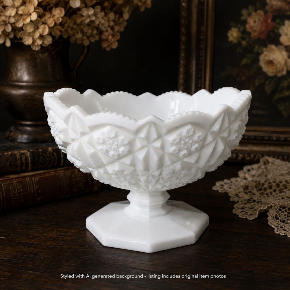 Vintage Kemple Milk Glass Bowl Toltec Pedestal Compote Table Centerpiece 8.5"